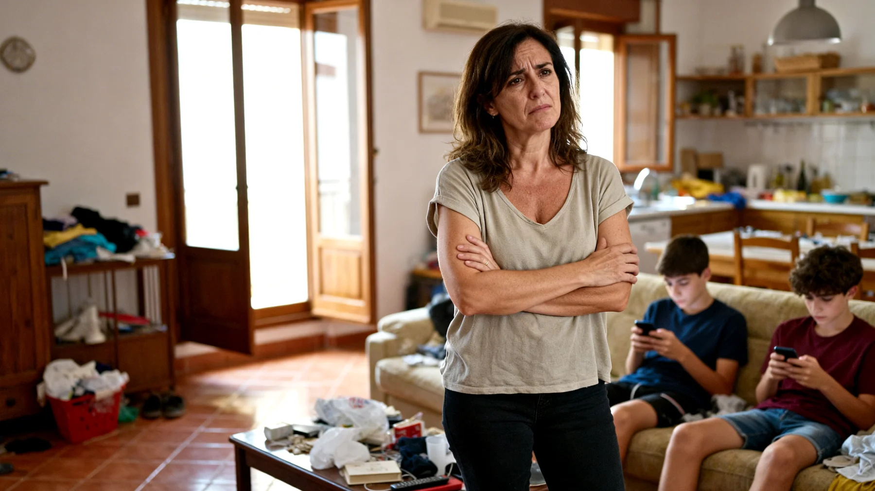 Mamma esausta che fatica a ottenere collaborazione dai figli adolescenti nelle faccende domestiche quotidiane, creando tensioni continue e senso di solitudine nella gestione della casa"