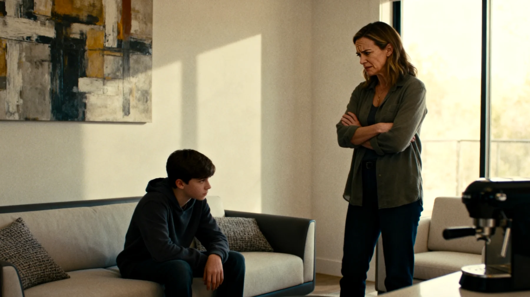 Mamma che fatica a ottenere collaborazione dal figlio adolescente nelle faccende domestiche quotidiane, con continue discussioni e rifiuti che creano tensione e frustrazione reciproca"